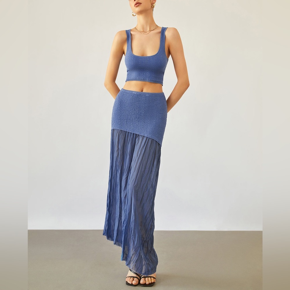 Matching 2 piece top & skirt set- blue drop waist midi skirt & stretchy knit top - Picture 8 of 13